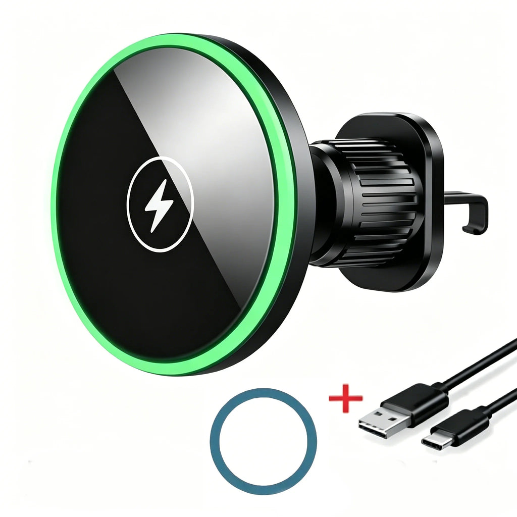 30W Magnetic Car Wireless Charger with LED Light – Phone Mount for iPhone 12–17 Pro Max