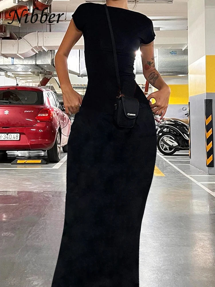 Nibber Solid Backless Bodycon Maxi Dress – Elegant Slim Short Sleeve Long Dress