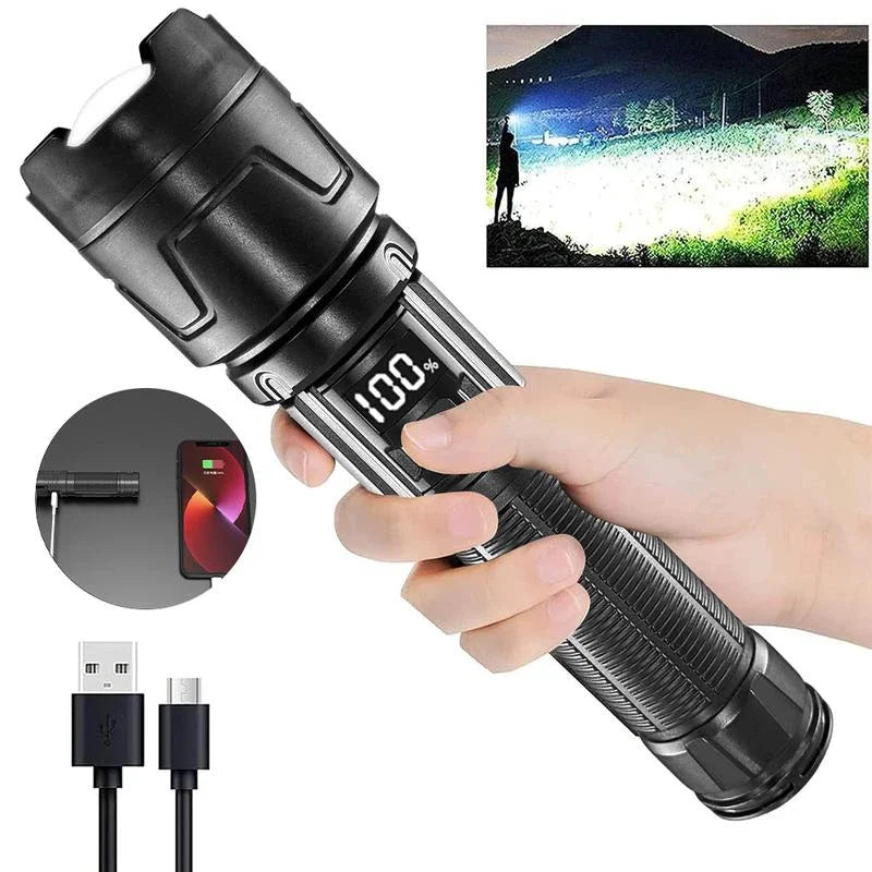 Lenovo Super Bright LED Flashlight – 2000 Lumen, USB-C, Digital Display, IPX8 Waterproof, Zoomable Camping Torch