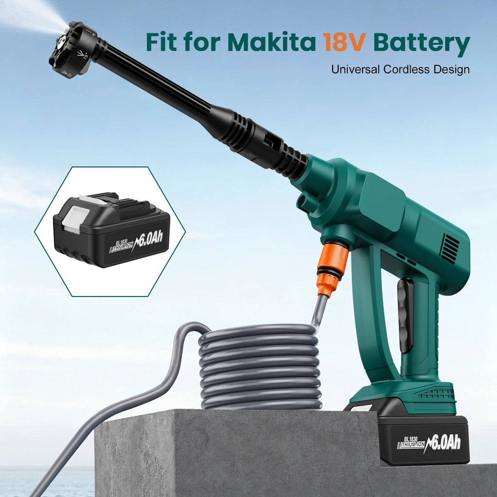 500W Cordless High-Pressure Car Washer Gun – 60 Bar, 6–10m Reach, Makita 18V Compatible, 6-in-1 Nozzle (No Battery)
