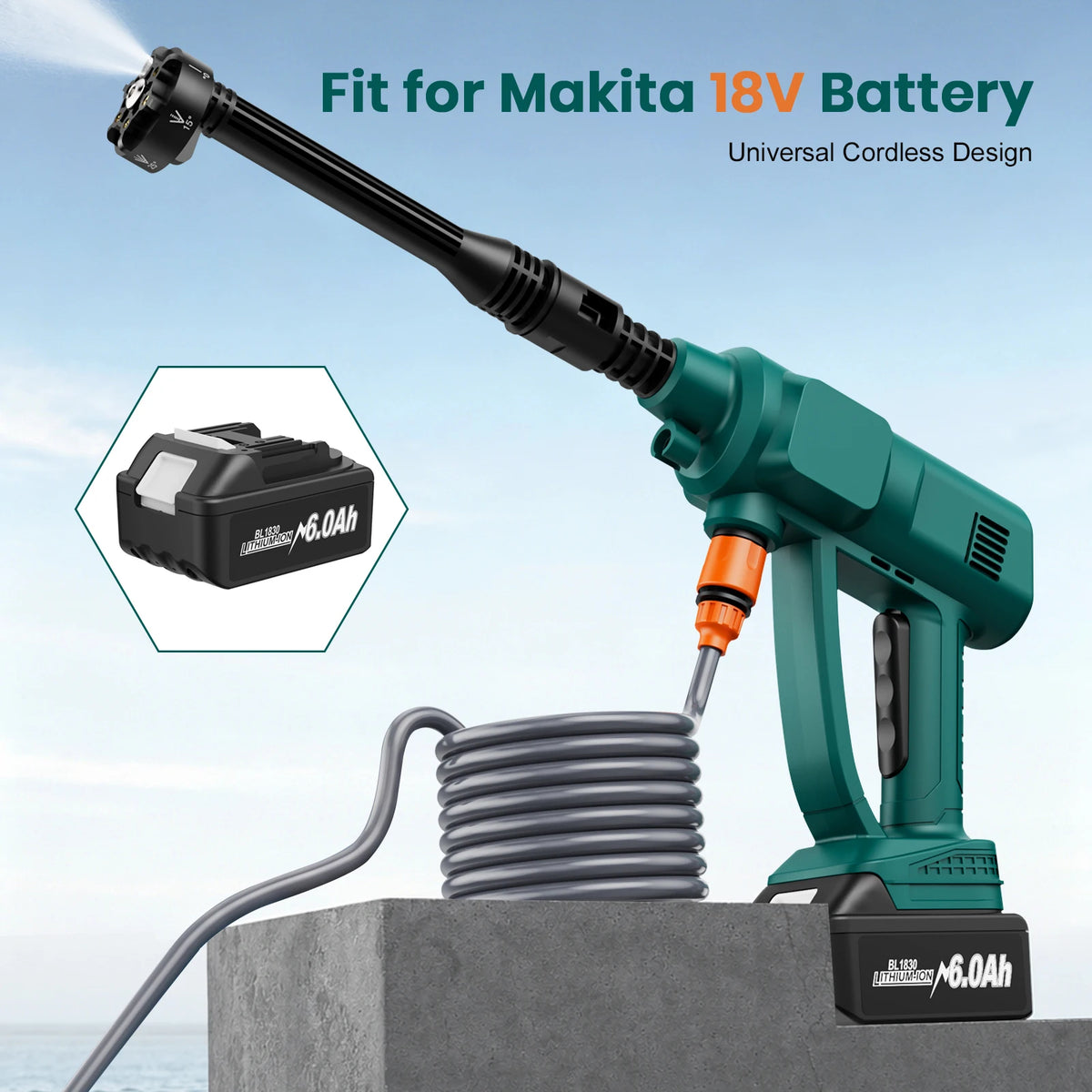 500W Cordless High-Pressure Car Washer Gun – 60 Bar, 6–10m Reach, Makita 18V Compatible, 6-in-1 Nozzle (No Battery)