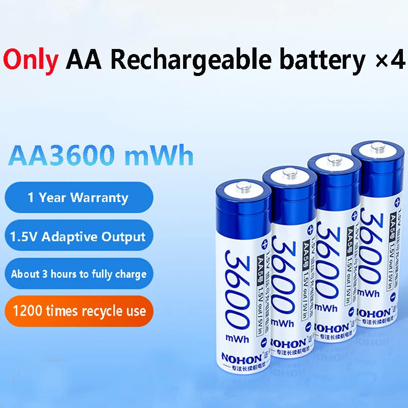 NOHON 1.5V Li-ion Rechargeable AA/AAA Batteries – 3600mWh High Capacity Long Lasting with Battery Charger