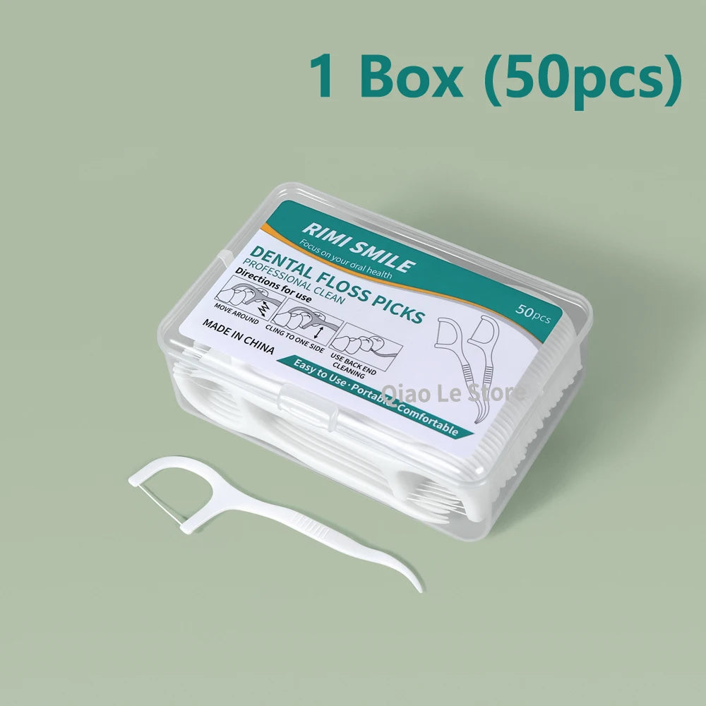 Clean Between Every Tooth. — Portable Disposable Dental Floss Picks | High-Tension Floss Sticks, 50pcs per Box, 1, 2, 3, 5 & 10 Box Options