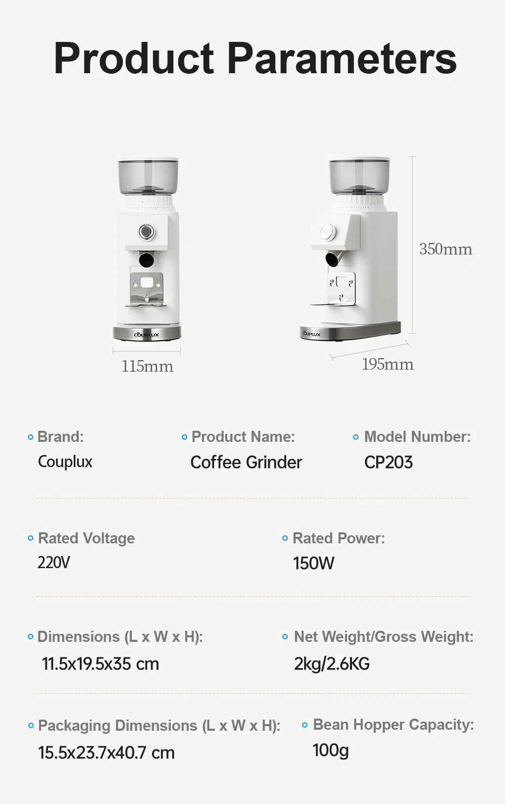 Couplux Electric Coffee Grinder – Precise Grinding with Detachable Funnel Stand 220V