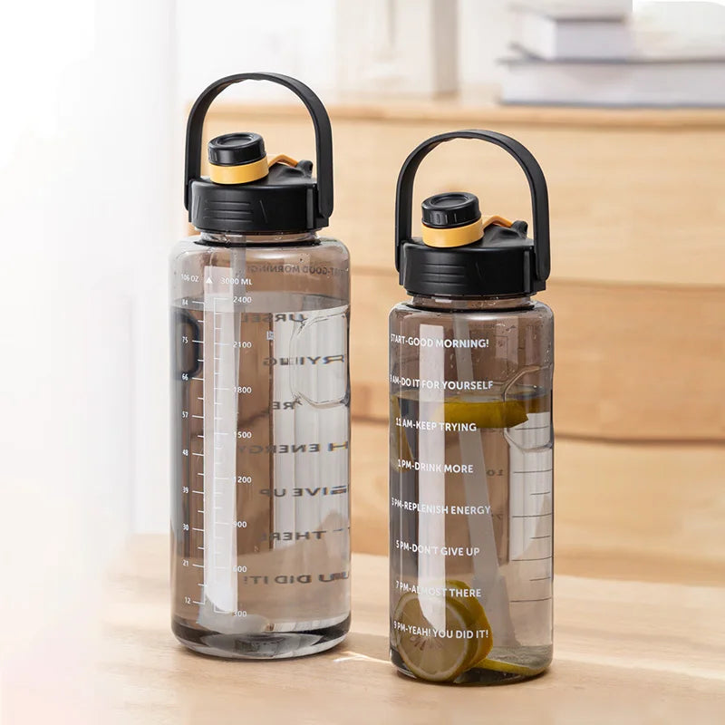 LUSQI 1.5L/2L/3L Large Capacity Motivational Water Bottle with Straw, Time Stamp & Carry Rope – BPA-Free, Leakproof