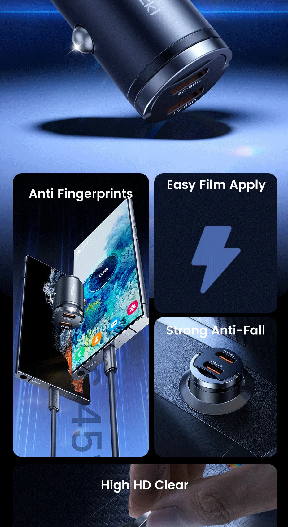 Toocki 45W Mini PD Car Charger — Fast Charging USB-C for iPhone & Samsung