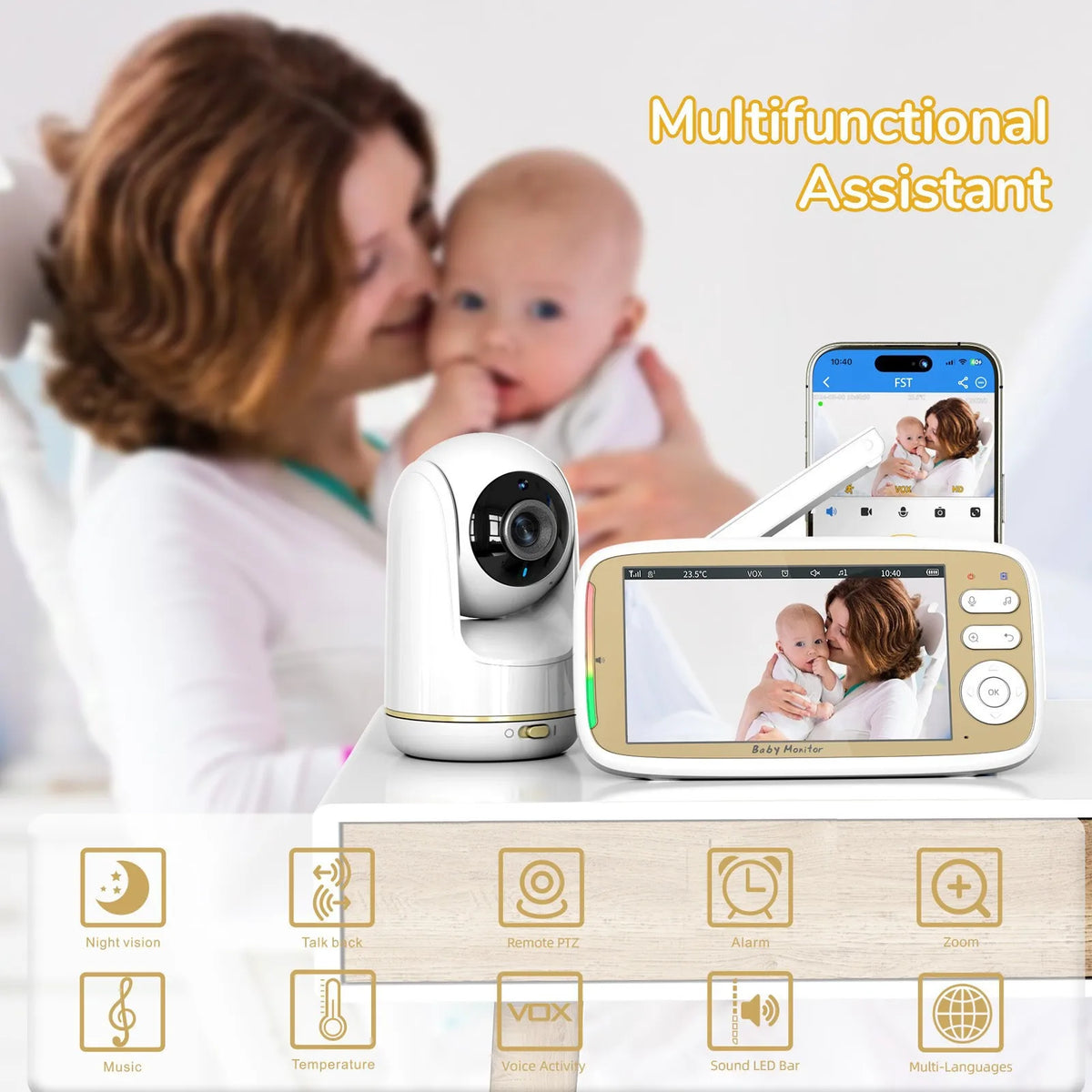 5" WiFi Baby Monitor – PTZ 355°, 3x Zoom, Night Vision, 2-Way Audio, App + Monitor, 22H Battery