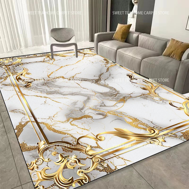 Modern Golden Frame Luxury Carpet – Washable Large Area Rug for Living Room & Bedroom