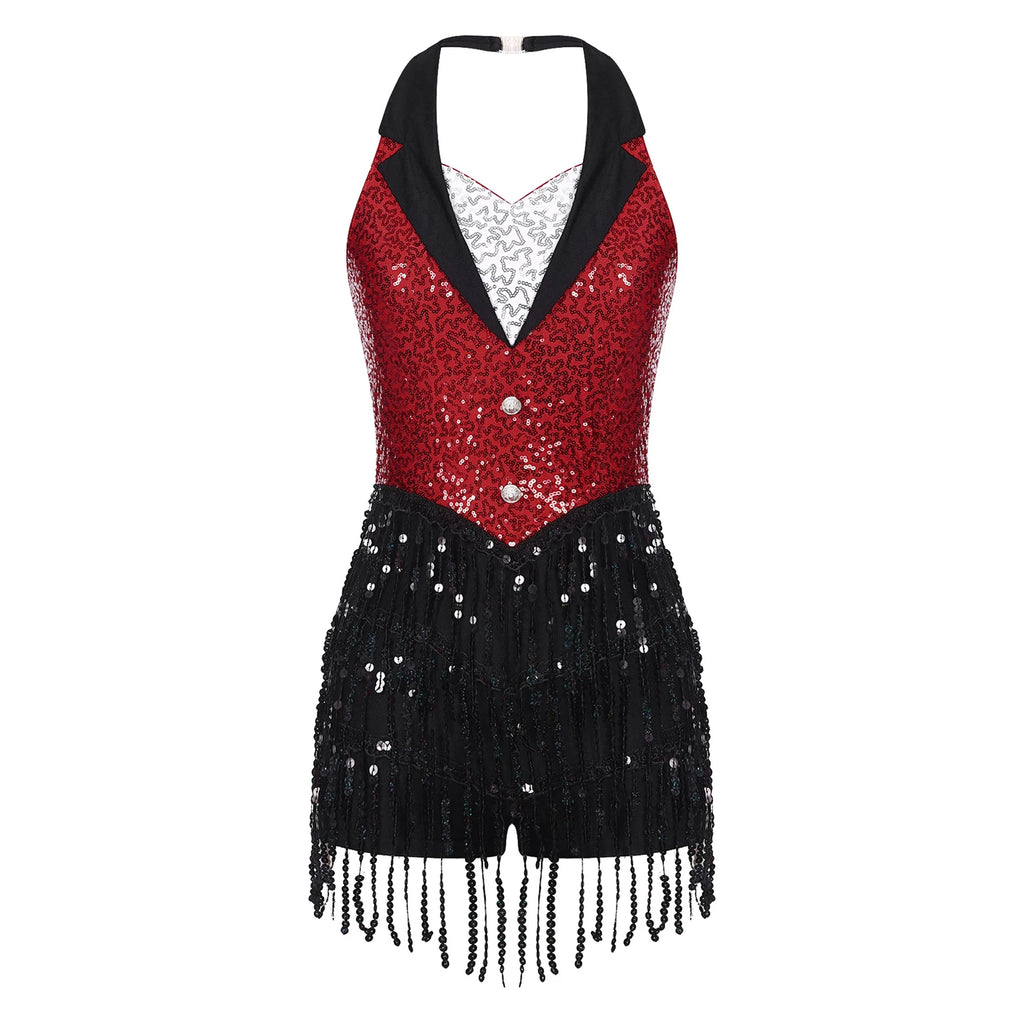 Women's Sequin Dance Dress – Shiny Sleeveless Latin Jazz Tango Salsa Leotard Bodysuit Outfit