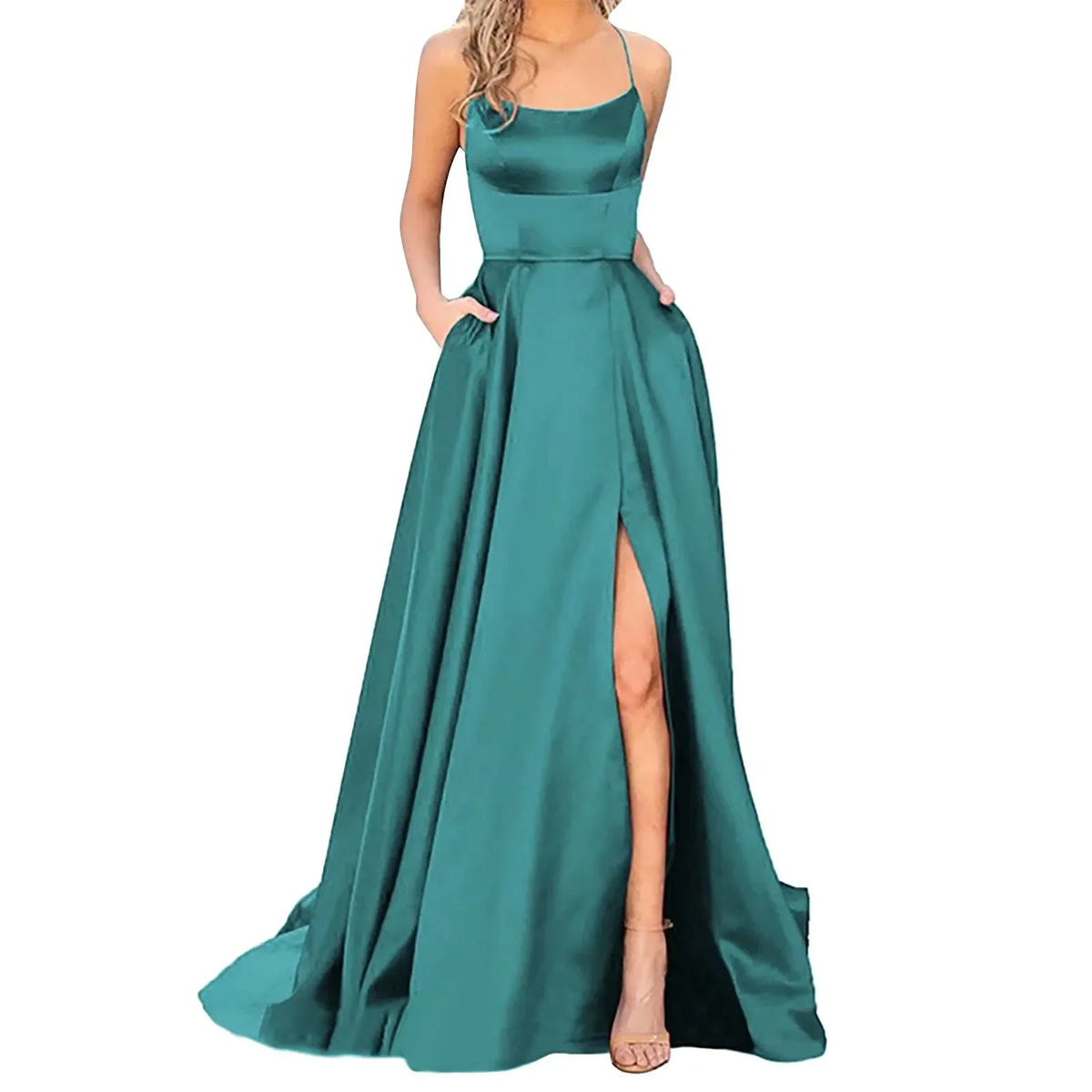 Backless Floor-Length Evening Dress — Spaghetti Strap A-Line Prom Gown with Pockets & Corset Back