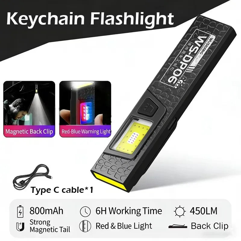 Mini COB LED Keychain Flashlight – USB-C Rechargeable, 5-Mode, IPX6 Waterproof EDC Pocket Light