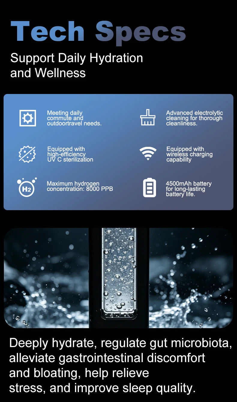 8000ppb Intelligent Hydrogen Water Bottle – SPE/PEM, One-Click UV-C Cleaning, 4500mAh