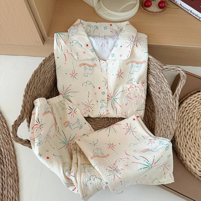 Women's Kawaii Goose Print Y2K Pajamas Set | Korean Fashion Lapel Neck Autumn Loungewear