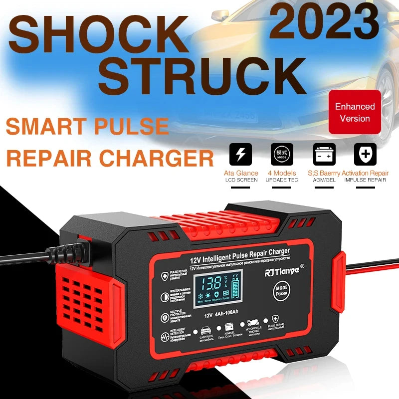 12V 6A Smart Car Battery Charger — LCD Touch Screen Pulse Repair for AGM, GEL & Lead Acid Batteries