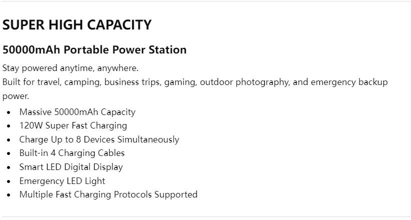 50000mAh 120W Power Bank — High-Capacity Fast Charging Portable Battery