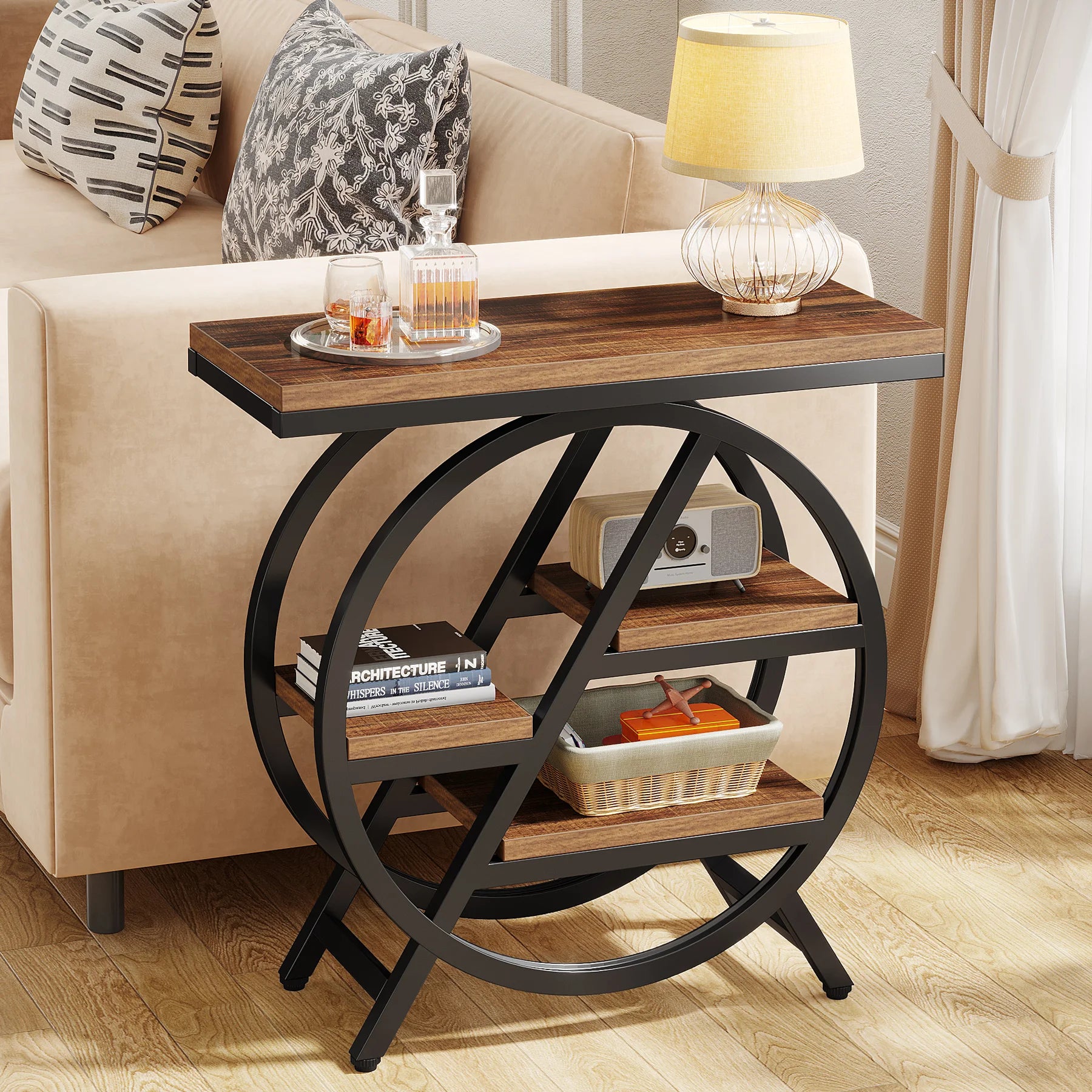 Tribesigns 3-Tier Narrow Side Table — Wood & Geometric Metal Frame