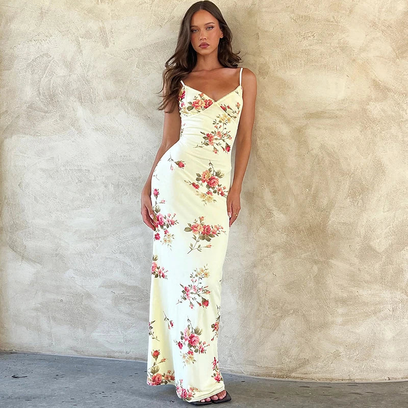 Sexy Y2K Floral Print Sleeveless Backless Bodycon Maxi Dress – Club Birthday & Party Dress