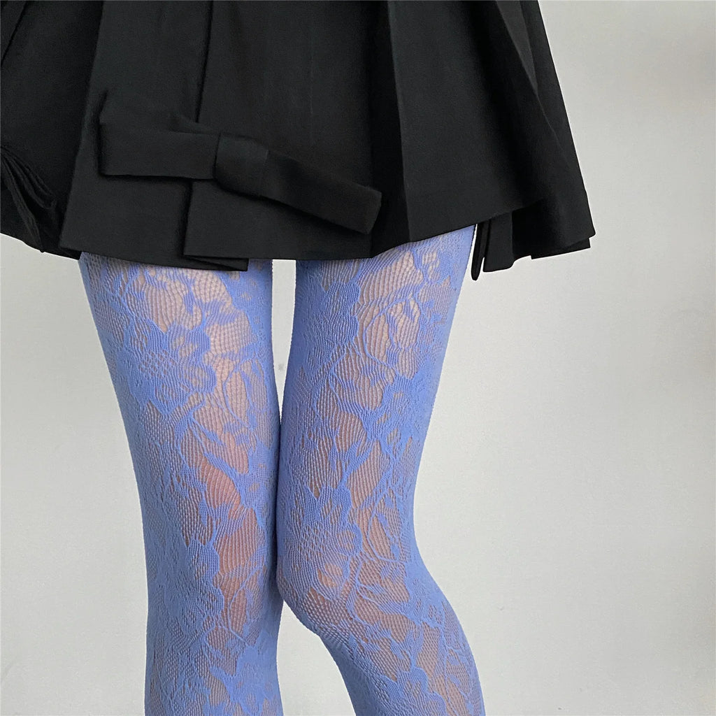 Lolita Floral Thigh-High Fishnet Stockings — Sheer Patterned Hosiery