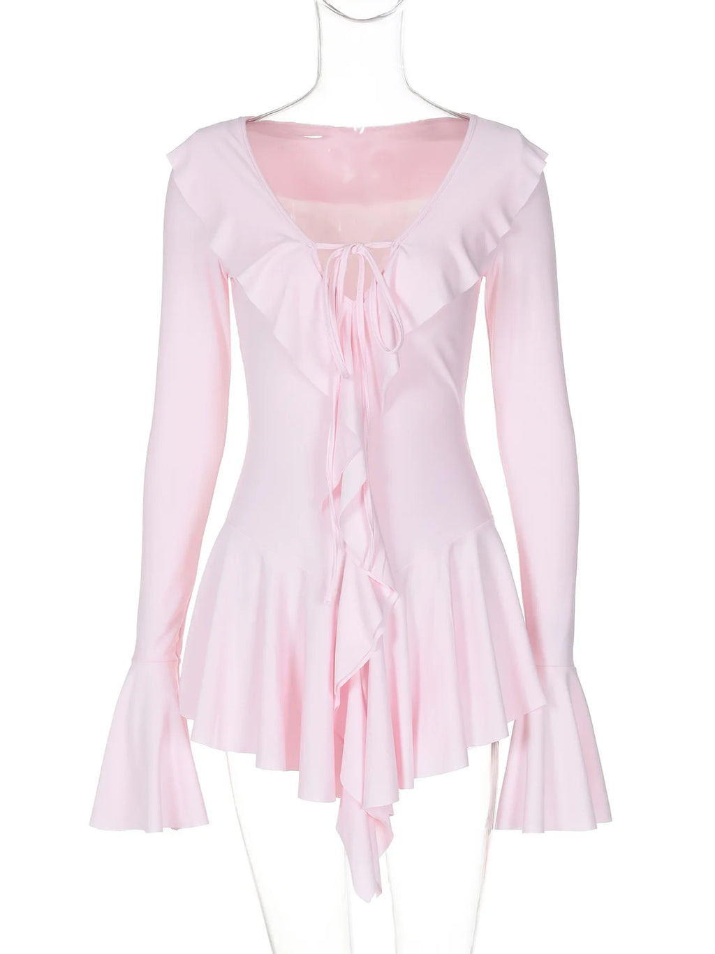 Deep V-Neck Flared Sleeve Ruffled Lace Pleated Mini Dress — Elegant Short Fashion Dress
