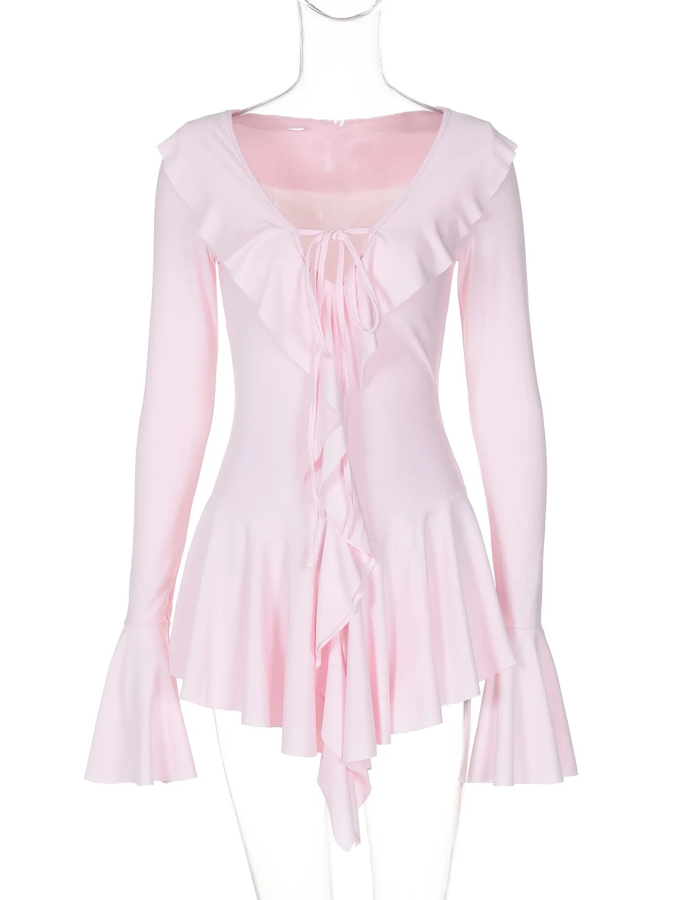 Deep V-Neck Flared Sleeve Ruffled Lace Pleated Mini Dress — Elegant Short Fashion Dress