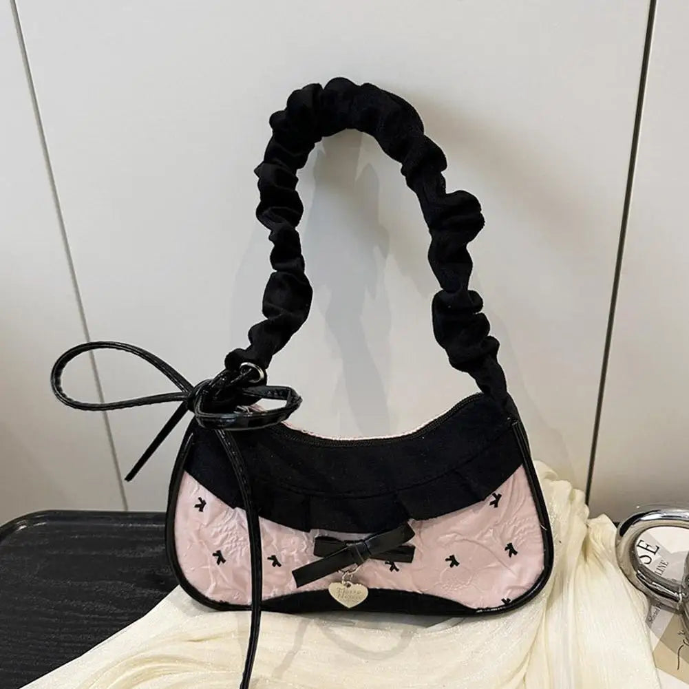 Fashion Grid Lace Ribbon Shoulder Bag – Stretchable Underarm Bag for Daily Commuting & School