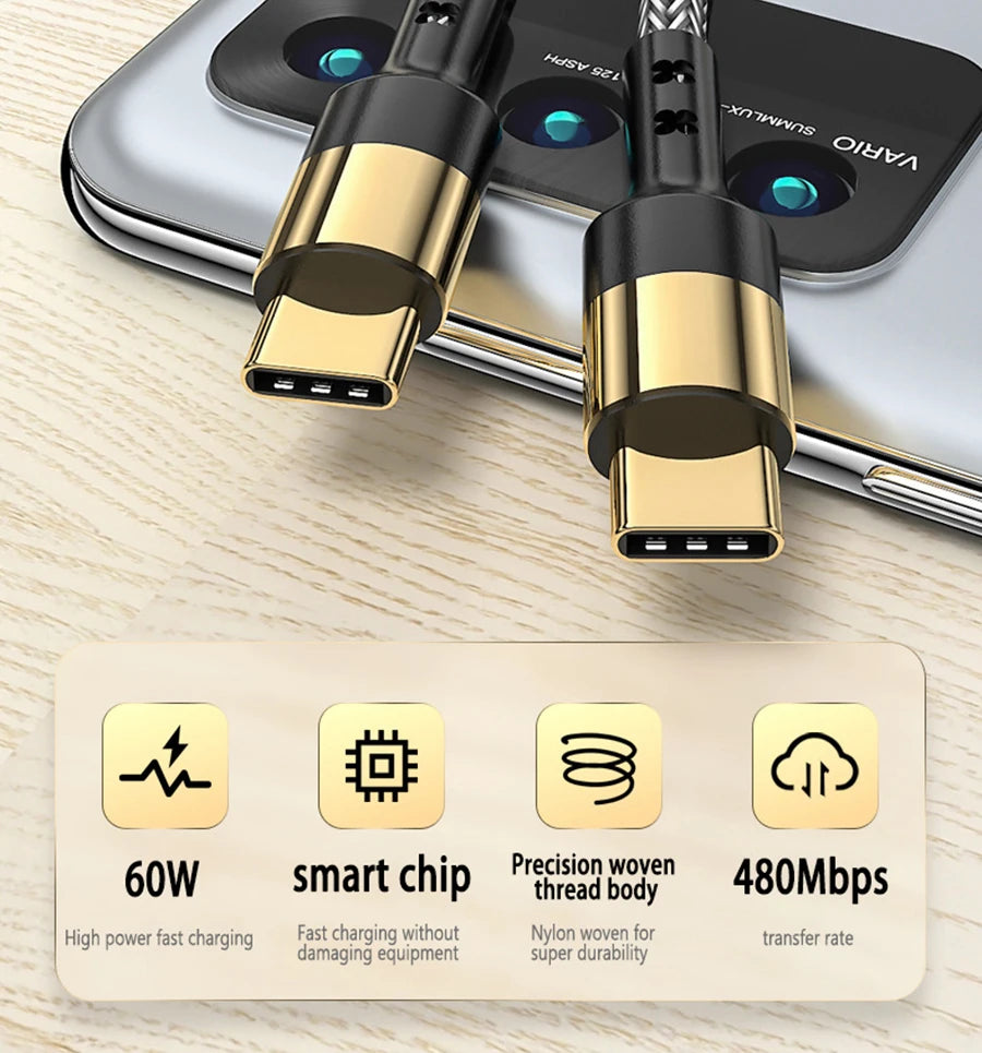USB-C Ultra Fast Charge Cable with E-Marker Chip – PD 240W/100W/60W, 1m to 2m, 3 Colors