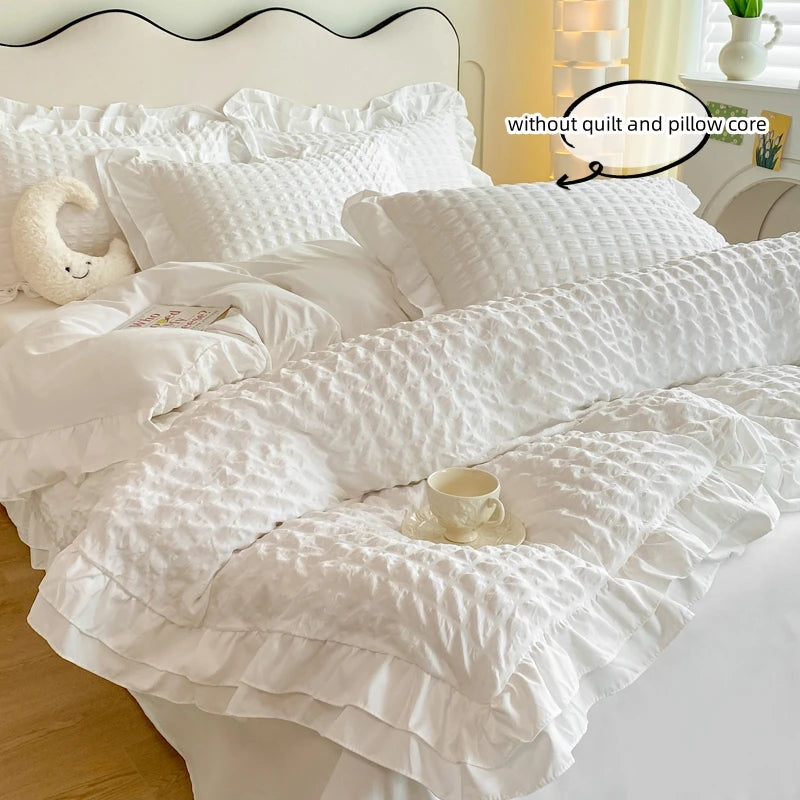 Korean Seersucker Lace Duvet Cover Set – 3-Piece Bedding, 3 Colors & 10 Sizes