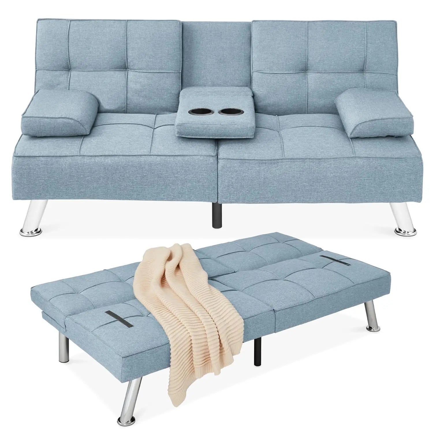 Sit, Recline, Sleep — Modern Linen Folding Futon Sofa Bed | 3 Positions, 2 Cupholders, Removable Armrests, 500 lb Capacity