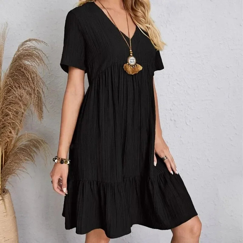 V-Neck Peplum Ruffle Dress — Short Sleeve Fit & Flare Summer Dress