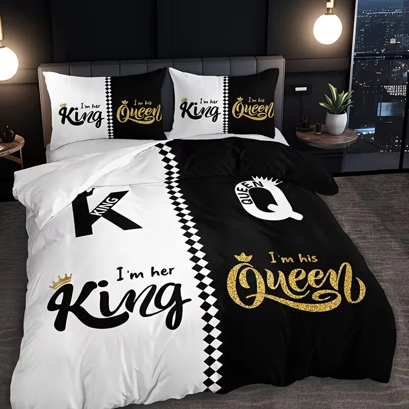 Dark Red & Black Letter Print Bedding Set – 3-Piece Duvet Cover, Queen & King