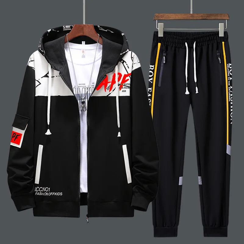 Men's Patchwork Hoodie & Sweatpants 2-Piece Tracksuit – Hip Hop Streetwear Set