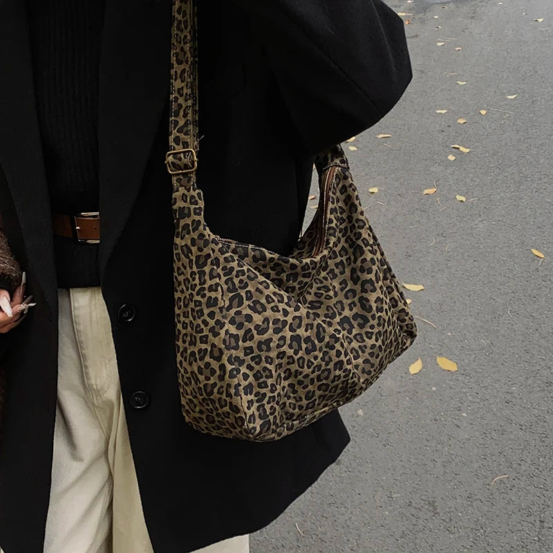 Leopard Print Crossbody Bag – Large Capacity Retro Soft Textile Shoulder Bag for Women