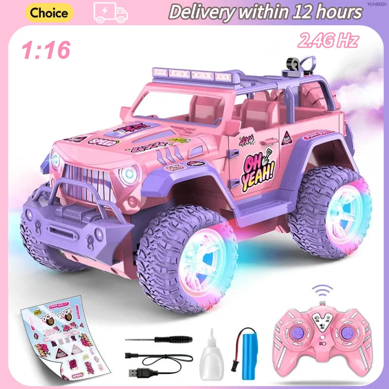 Pink and purple remote control toy off-road jeep with glowing LED wheels, shown with a pink remote controller, sticker sheet, battery, and USB cable on a white background with promotional text overlays.