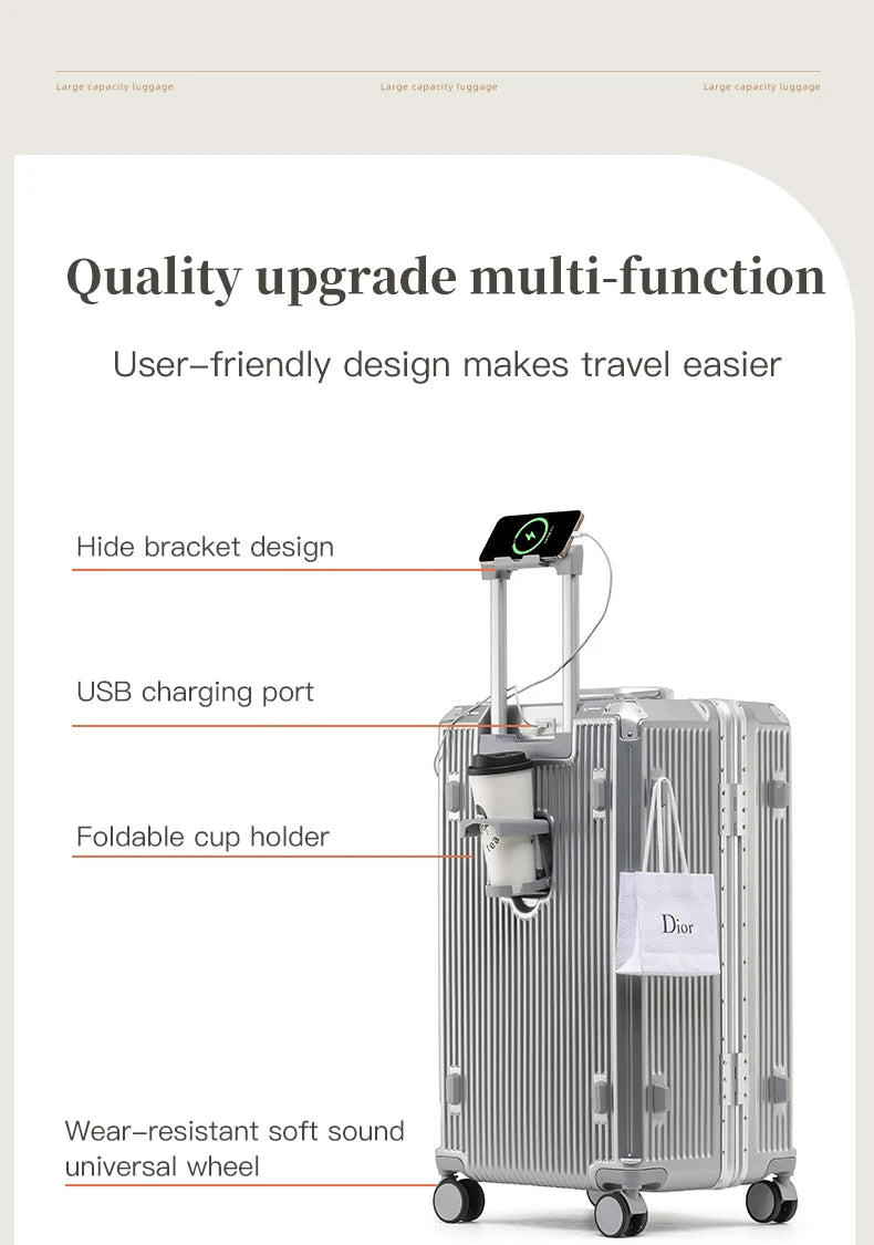 sushimu Suitcase Wide Handle Travel Suitcase Men 20 24 26 Carry-On Luggage Women PC Aluminum Frame Trolley Case