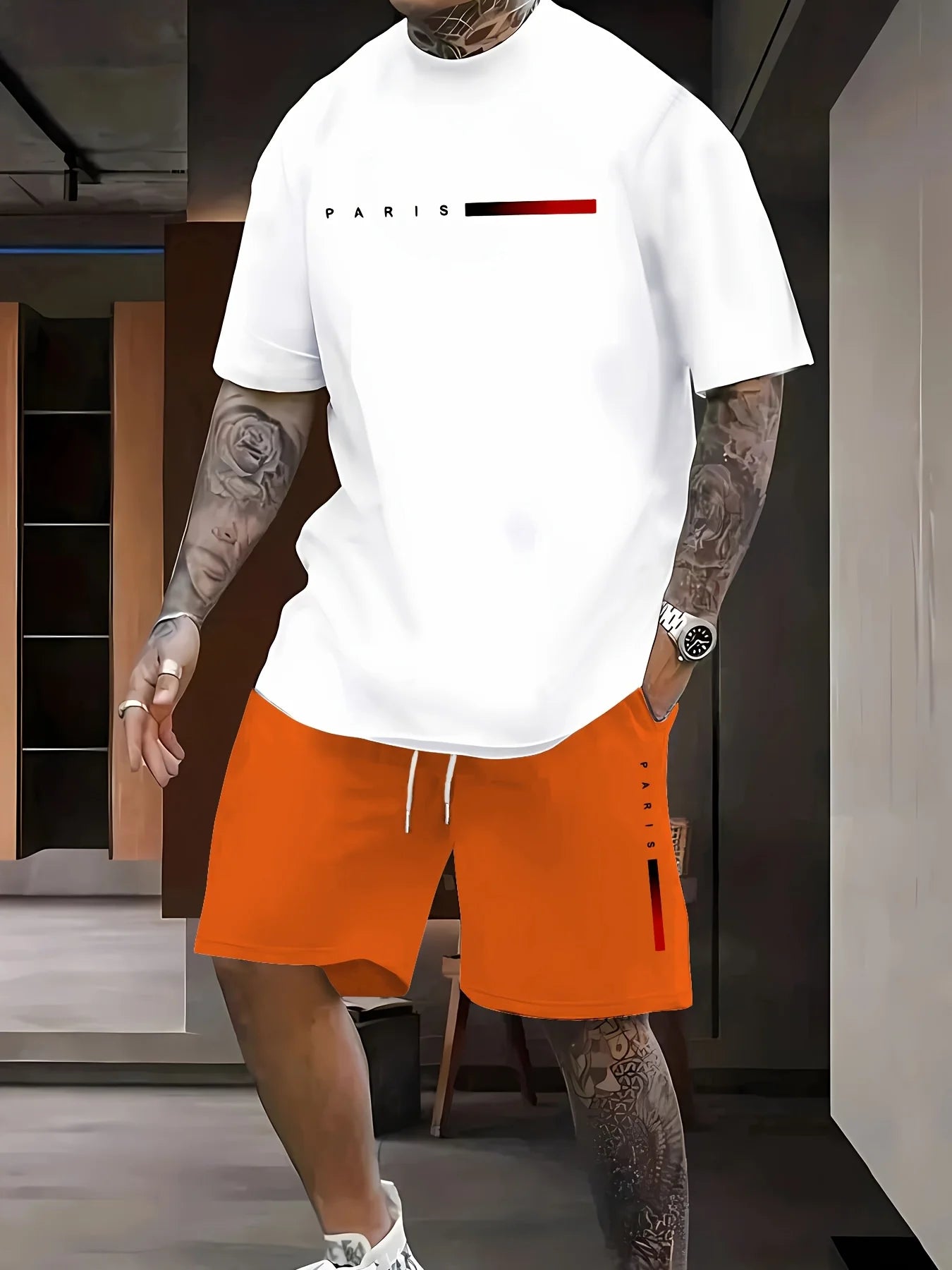 Men's Hip-Hop Bear Print Short Sleeve Sports Set – Quick-Dry 2-Piece Streetwear