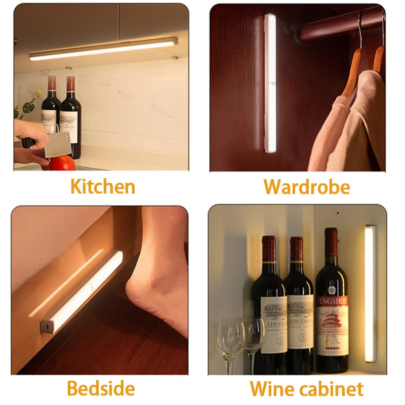 Motion Sensor LED Night Light Strip – USB Rechargeable, 3 Modes, Warm or Cool White for Cabinet, Wardrobe & Staircase