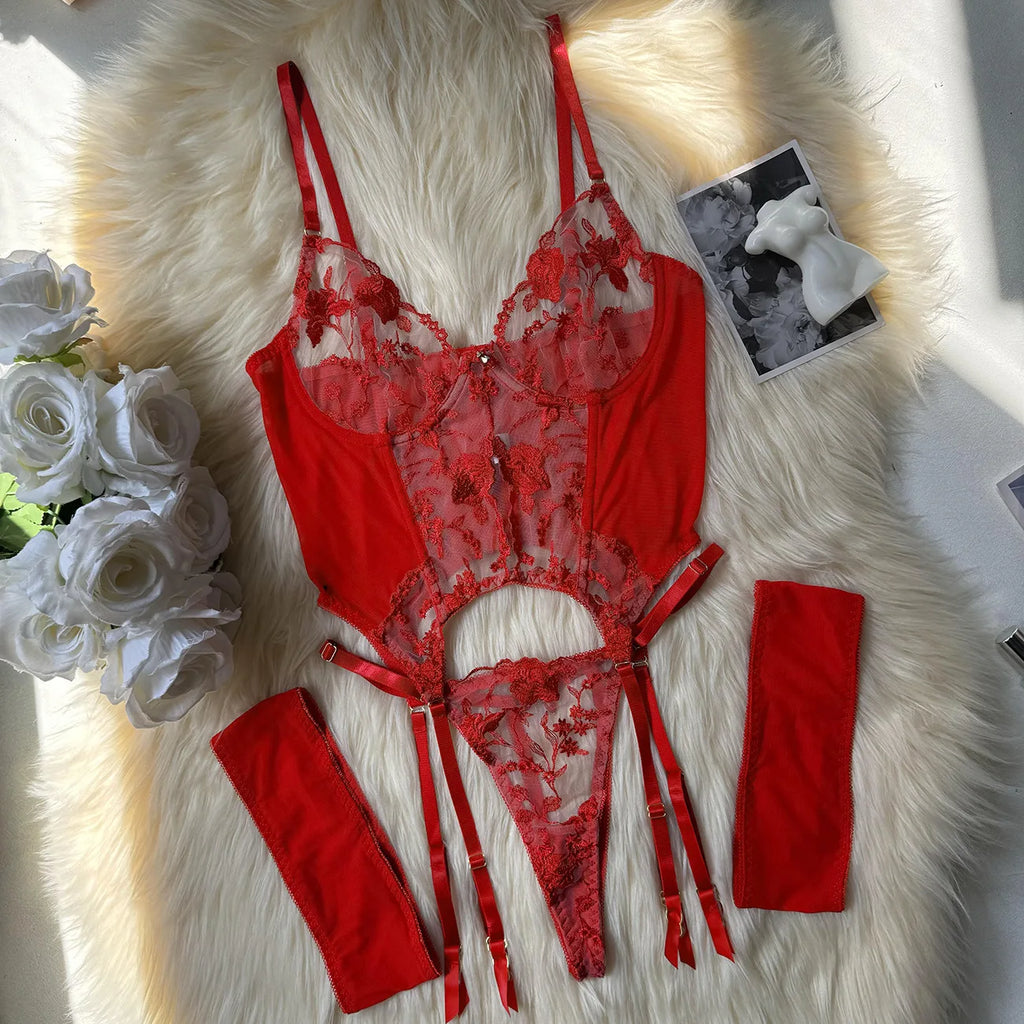 Sheer Embroidery Bra & Brief Set — Transparent Lace Underwear Suit