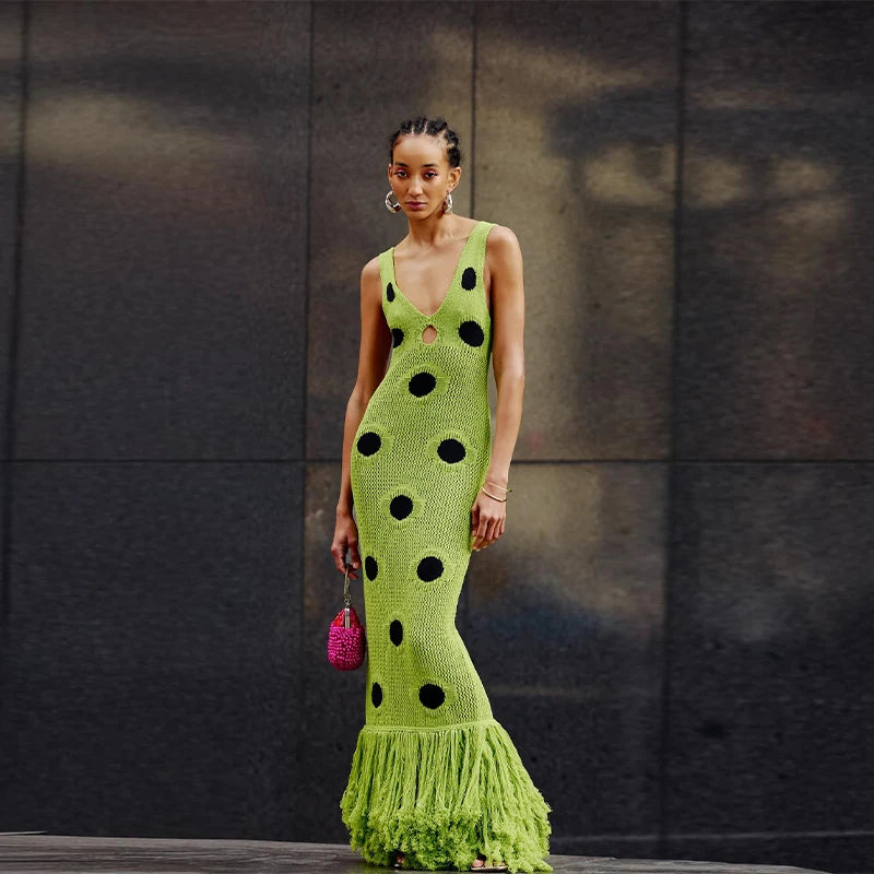 Women's Sexy See-Through Knitted Maxi Dress | Hollow Out Deep-V Tassel Hem Party Gown