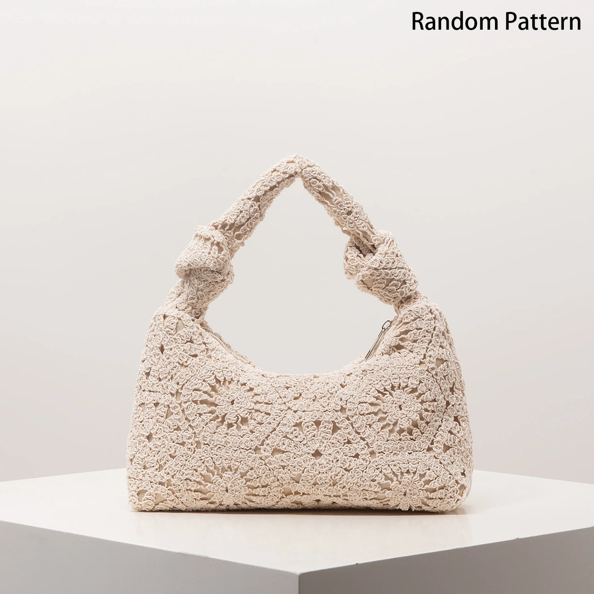 Boho Floral Half-Moon Beach Bag – Hollow-Out Polyester Shoulder Bag for Women