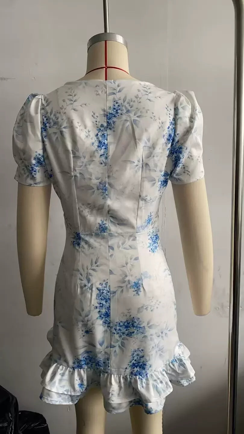 Women's Floral Ruffle Slim Dress – Deep V-Neck Double Layered Ruffled Hem Party & Daily Gown