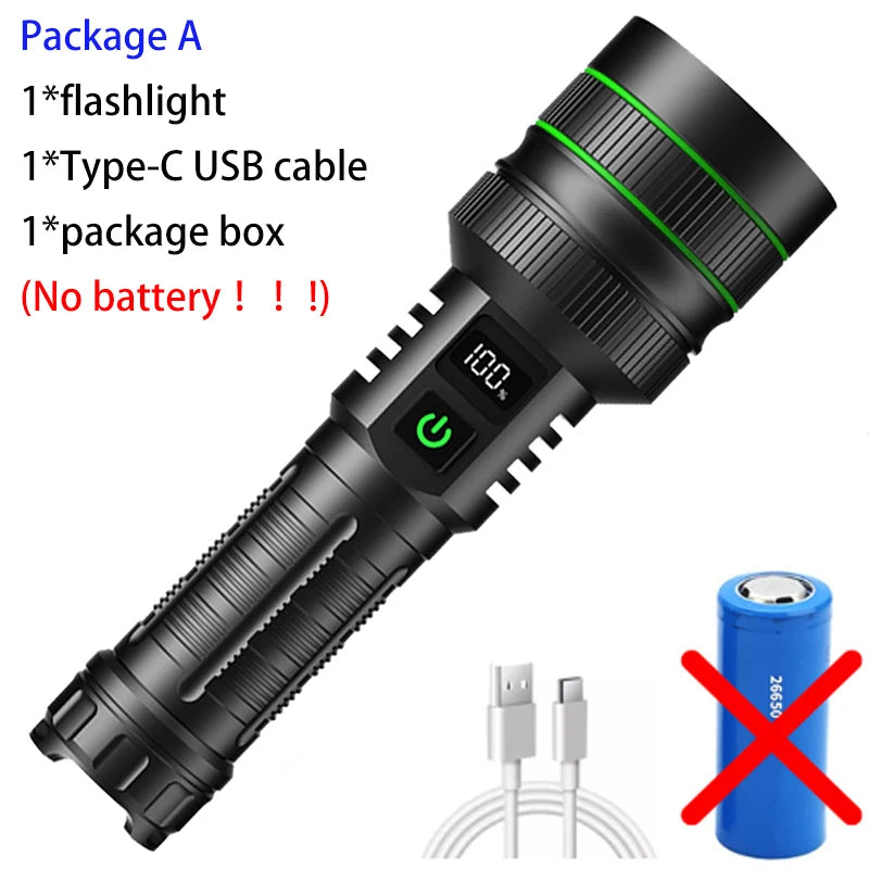 2500 Lumen Long Range LED Flashlight – IPX7 Waterproof, Type-C, 5 Modes, Power Bank Function