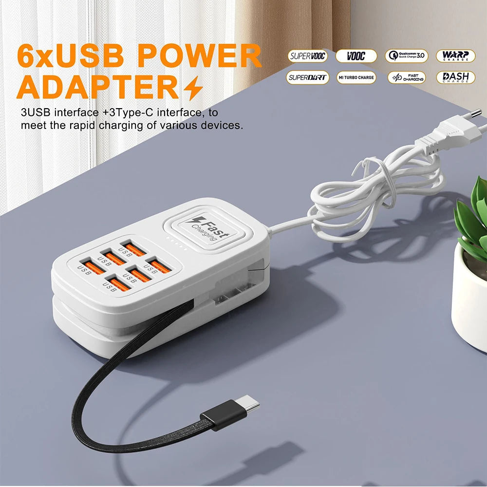 6-Port USB Fast Charging Station – 3 USB-C + 3 USB-A, Desktop Power Strip Hub, EU/UK/US Plug