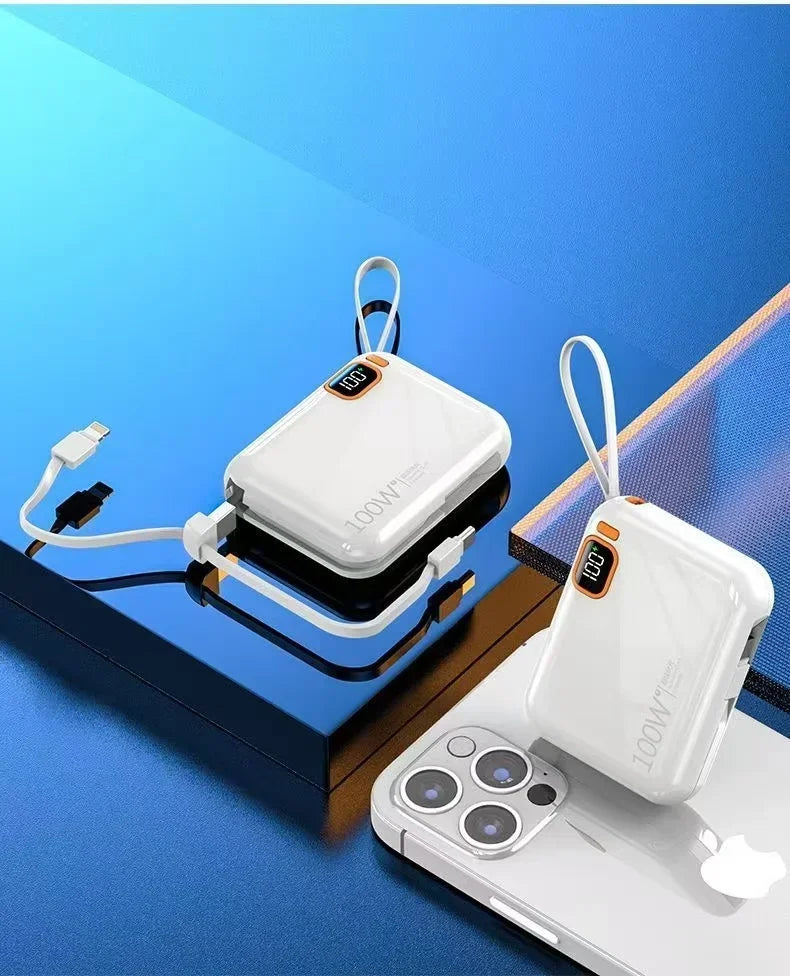 66W Portable Mini Power Bank 20000mAh – Built-in Cable, PD Fast Charging for iPhone & Android