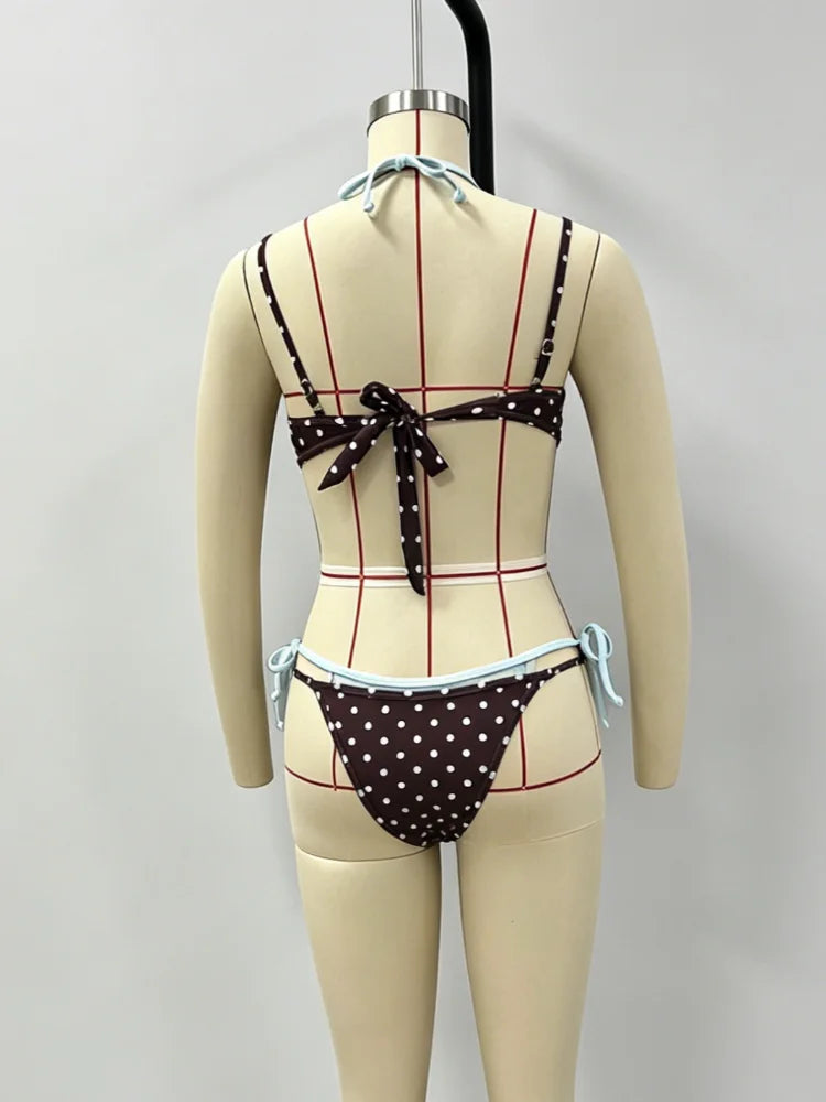 Polka Dot Bikini Set | Triangle Cup Halter Neck, High Cut Side Tie, Retro Print, Summer 2026 Swimwear S-L