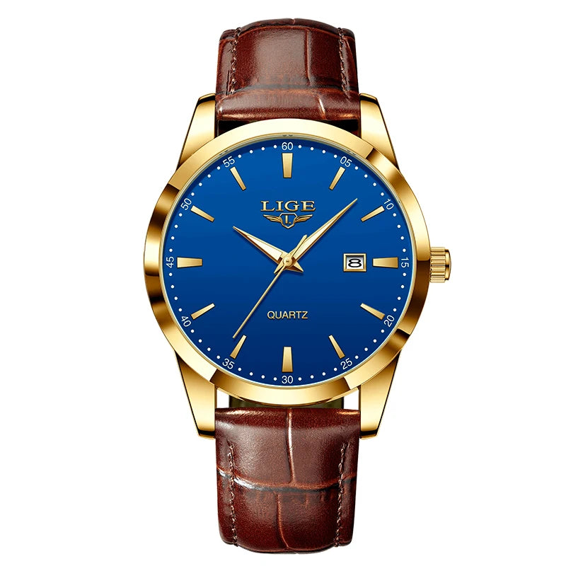 LIGE Men's Brown Leather Chronograph Watch | Military Sport Casual Waterproof Quartz Wristwatch