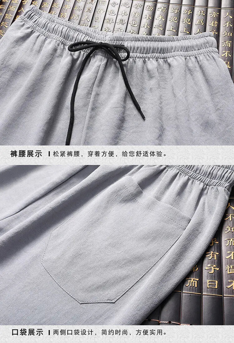 Men's Chinese Style Long Sleeve Shirt & Elastic Waist Pants Casual Set