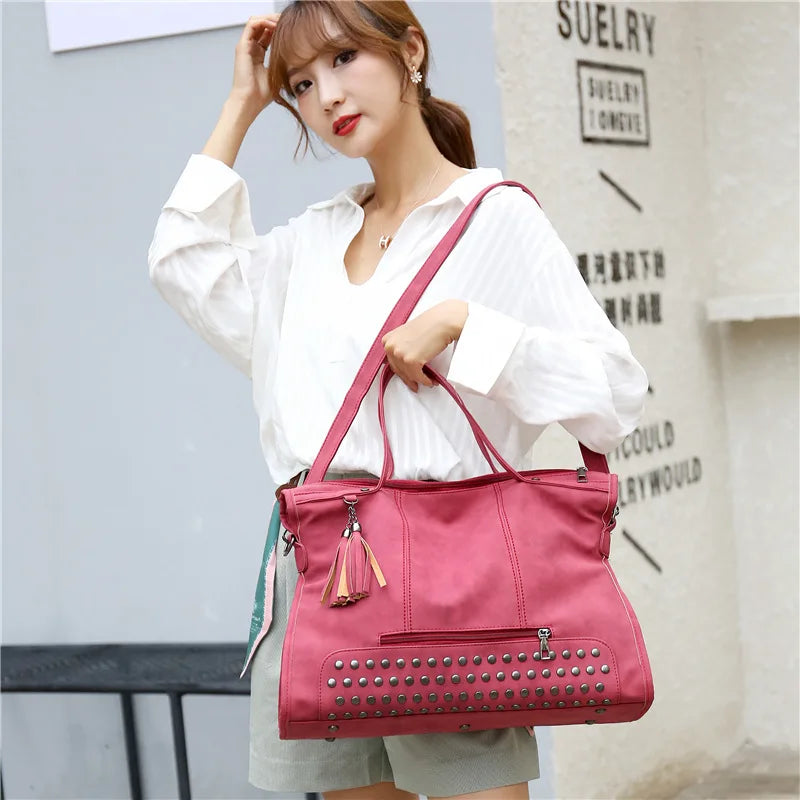 Luxury Matte Frosted PU Large Square Tote Bag – Rivet Designer Handbag for Women