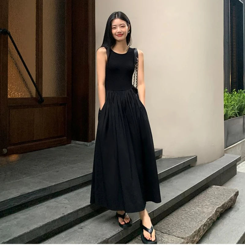 Women's Vintage Black Midi Dress – O-Neck Office Lady Casual Style with Pockets