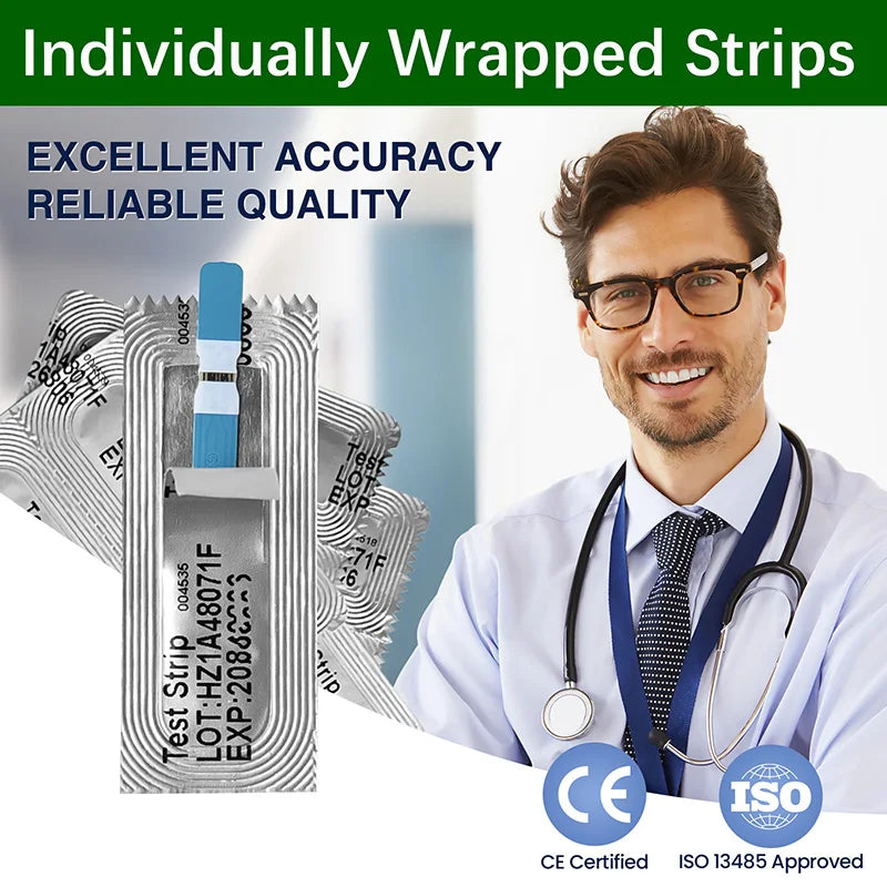 Wcore AC-301 Blood Glucose Meter Kit – Individually Wrapped Test Strips, Ketone Warning, mg/dL & mmol/L, 5-Second Results
