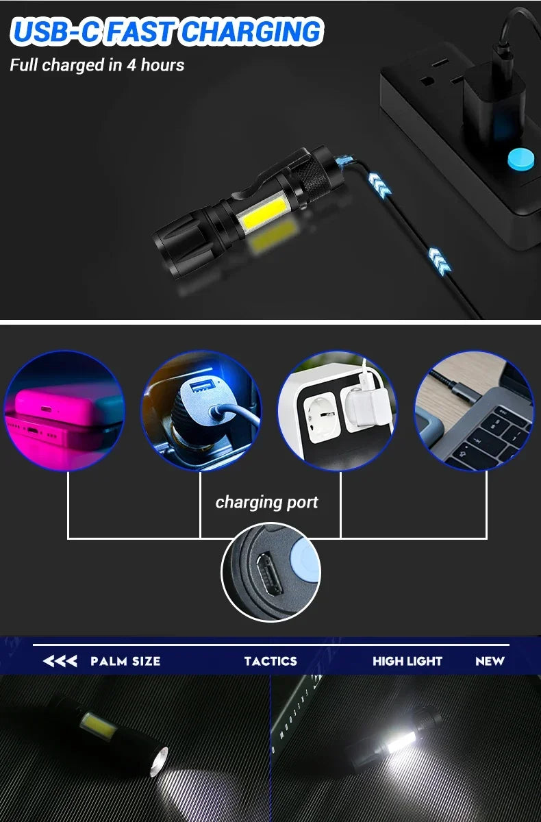 Mini Torch LED Rechargeable Flashlight — High Power USB Charging Waterproof Camping Lantern